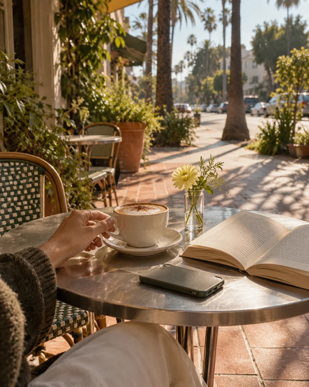 Coffee, a book, and a phone on a sunlit Los Angeles café table