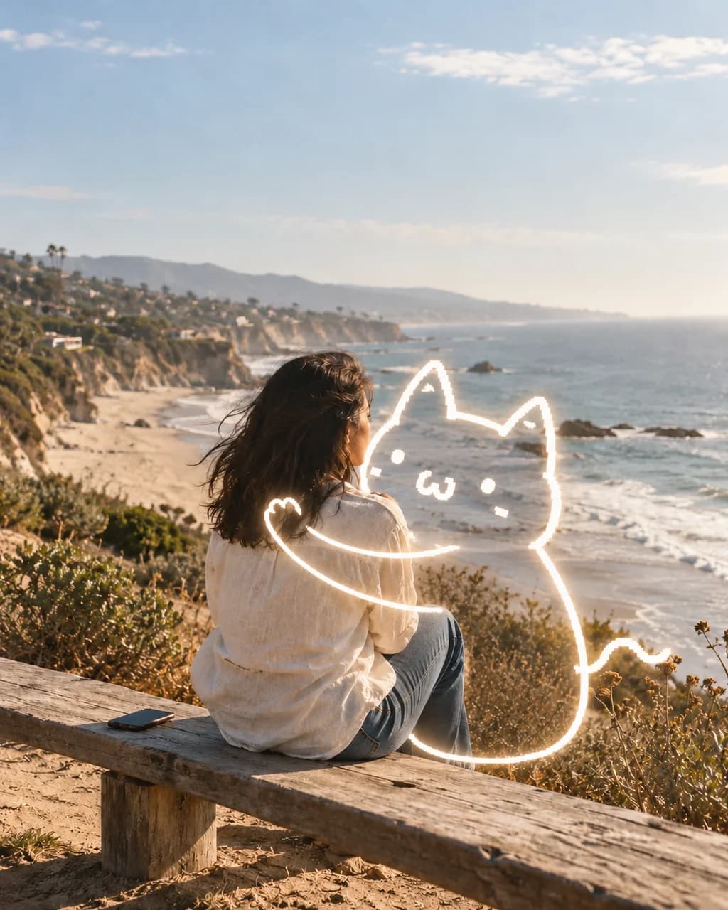 Glowing Naibao hugging a woman overlooking a California beach