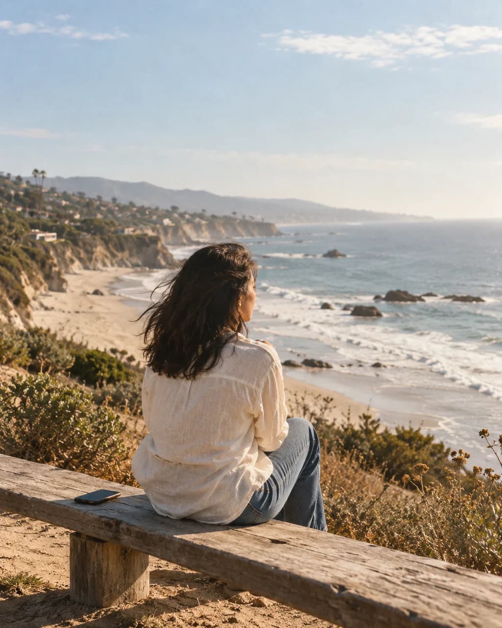 A woman pausing on a sunny California beach overlook, her phone beside her
