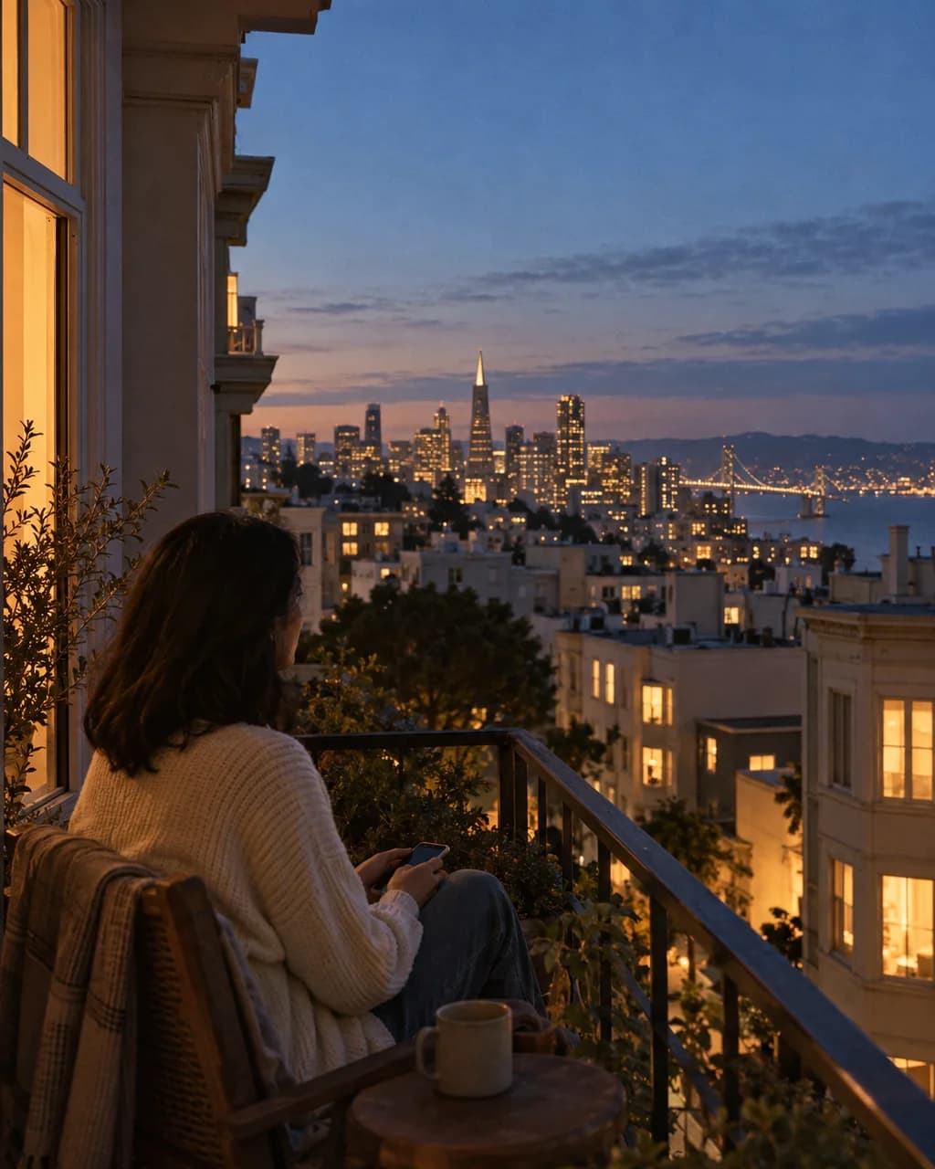 A quiet moment with a phone on a San Francisco balcony at dusk