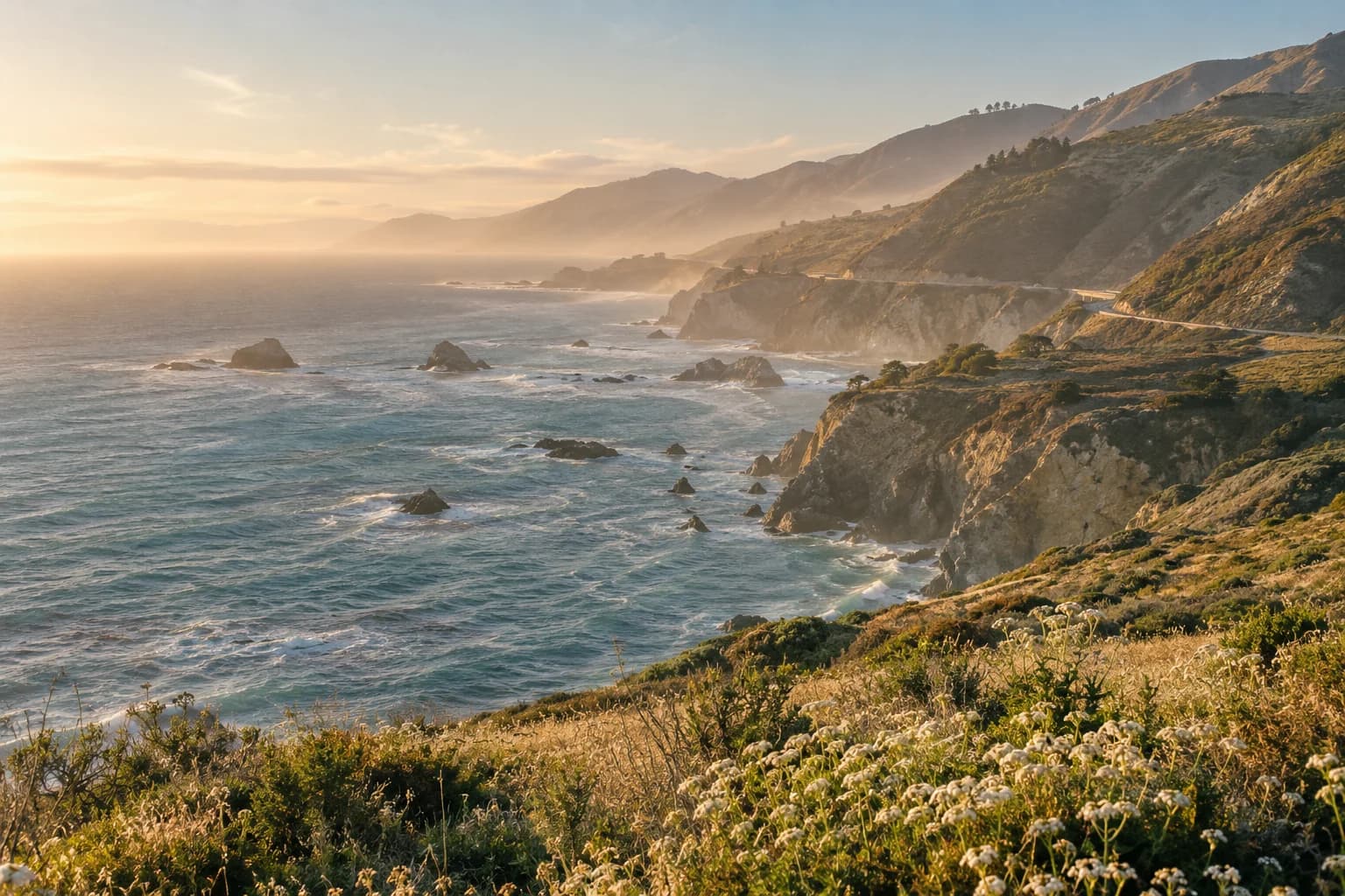 The Pacific Coast Highway winding along Big Sur’s sunlit cliffs and blue ocean