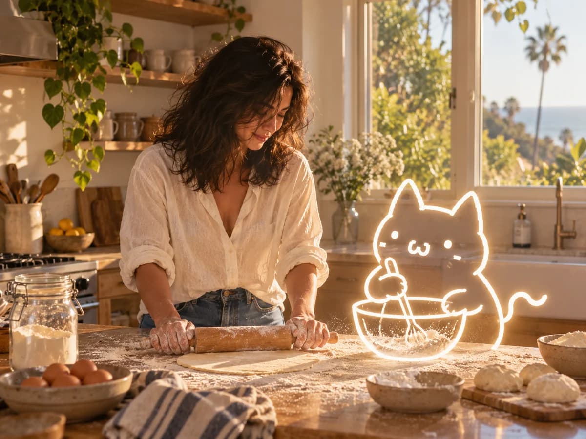 The woman rolls dough while Naibao mixes with an outline bowl and whisk