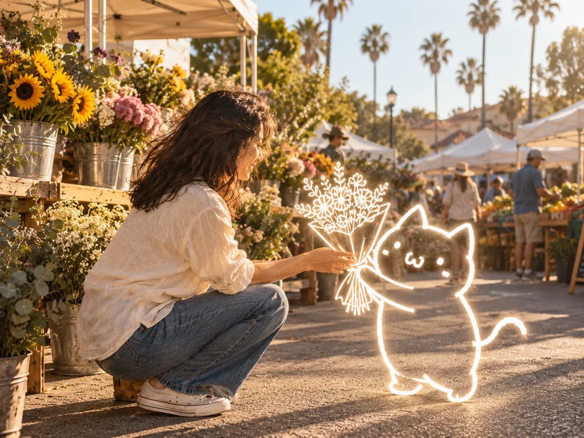 Naibao gives the woman a glowing outline bouquet at a flower market