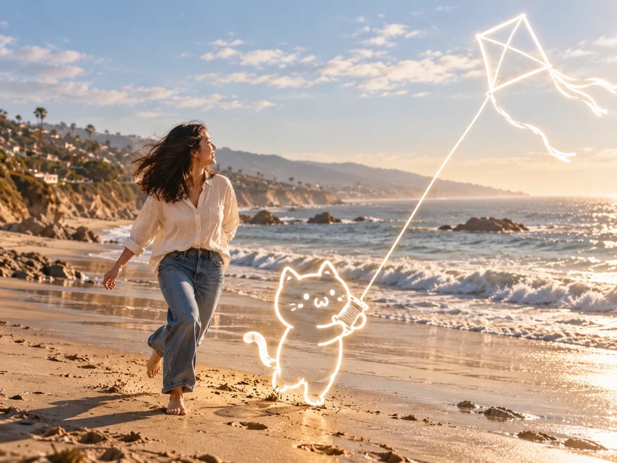 The woman and Naibao fly a glowing outline kite on the beach