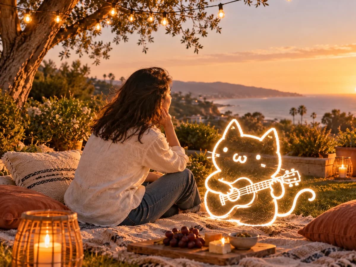 Naibao plays a glowing outline ukulele for the woman at sunset