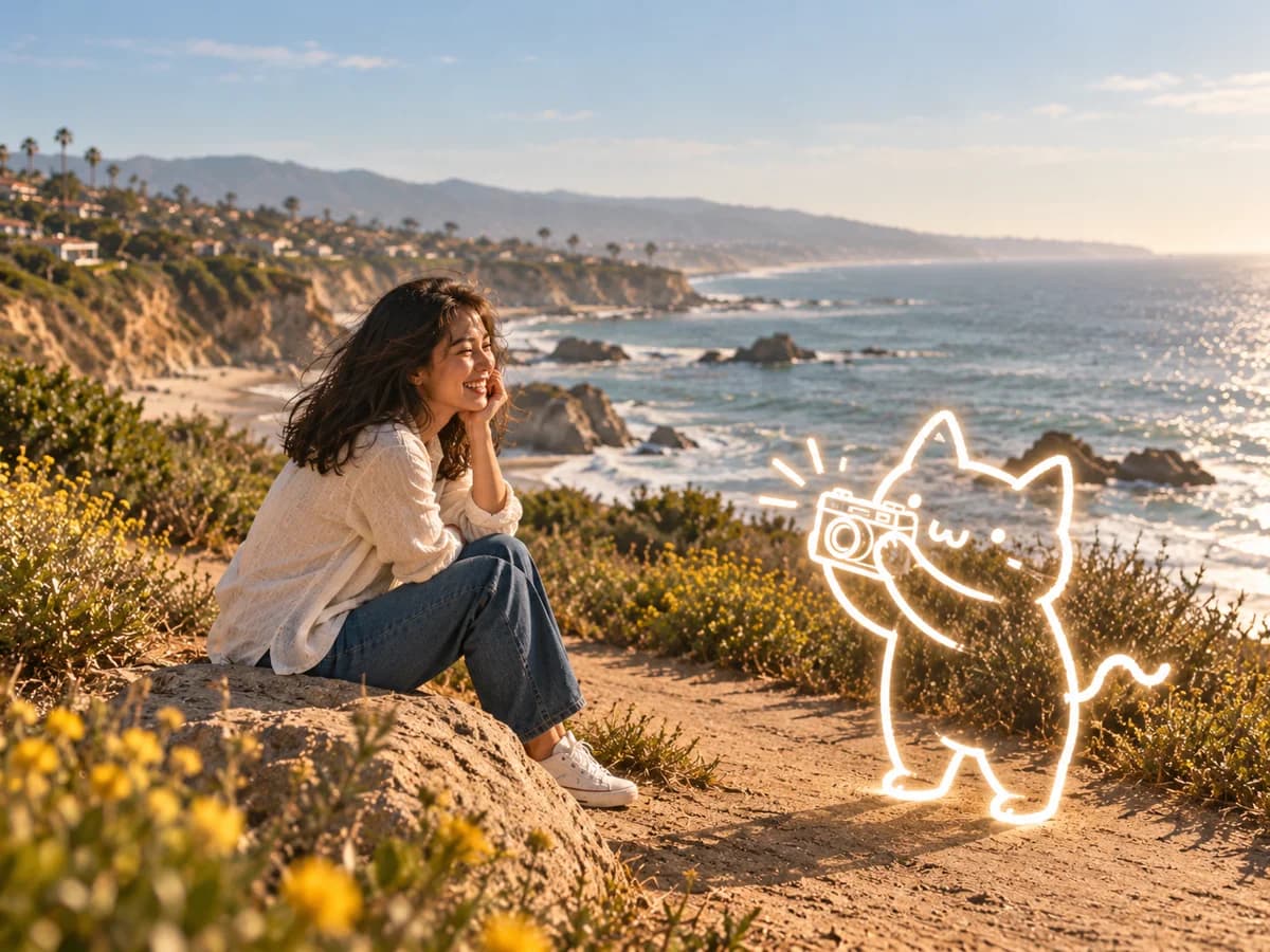Naibao takes her picture with a glowing outline camera on the coast