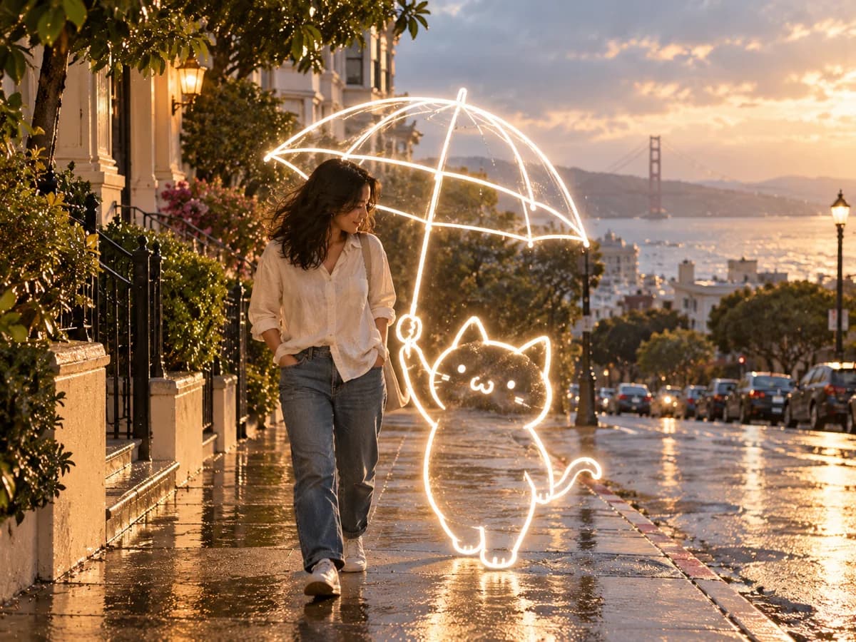 Naibao shelters the woman under a glowing outline umbrella