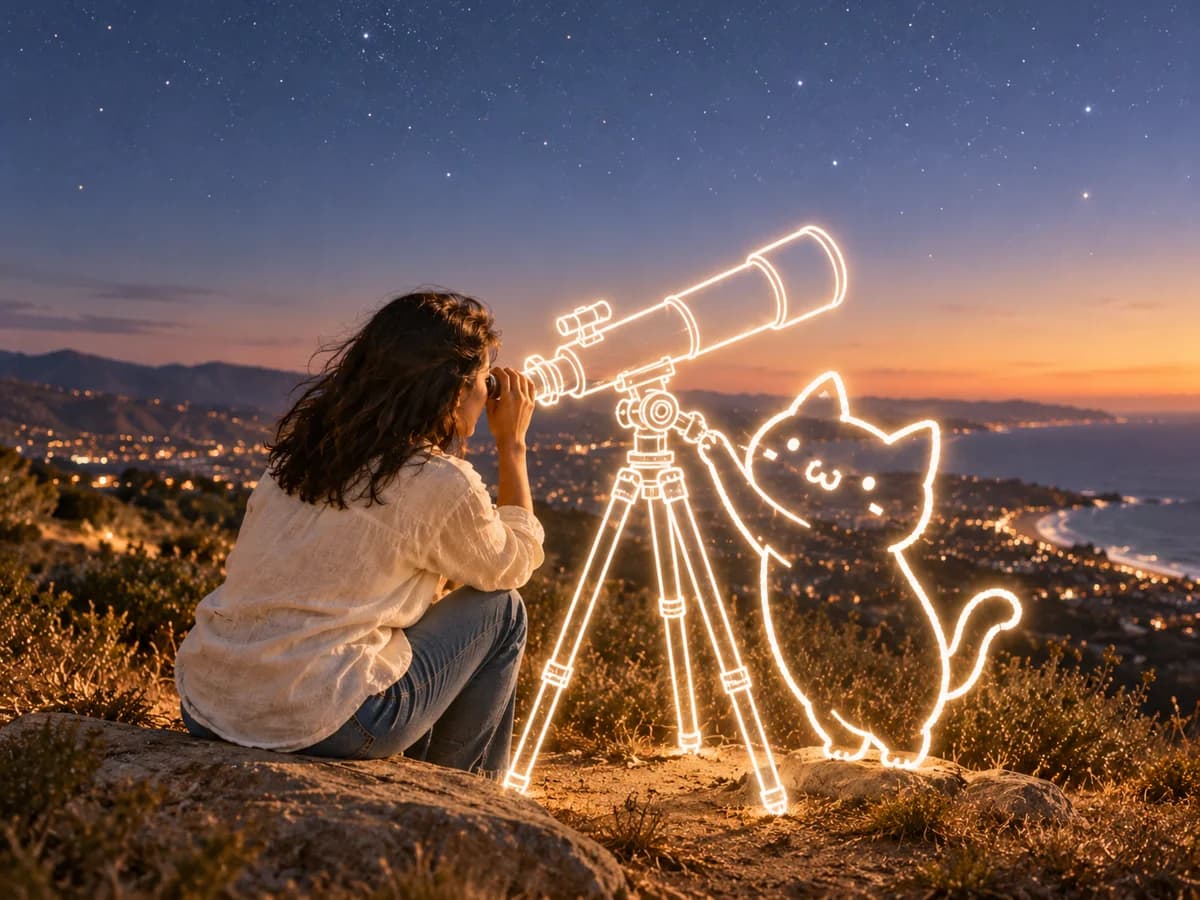 Naibao and the woman look through a glowing outline telescope