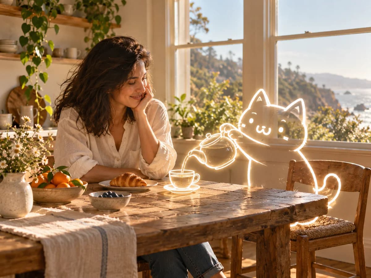 Naibao pours tea from a glowing outline teapot for the woman