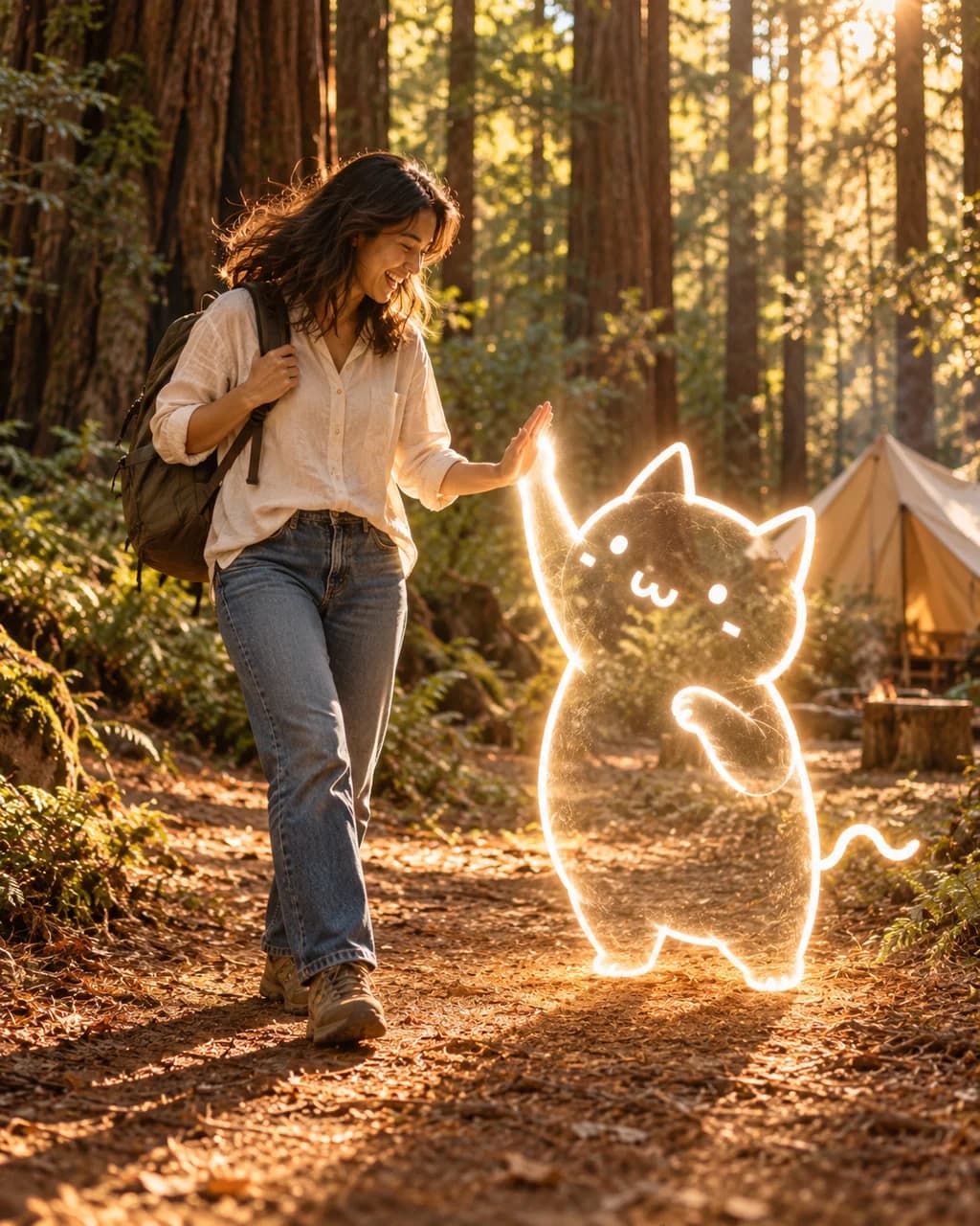 A woman and glowing Naibao high-five at a California redwood campsite