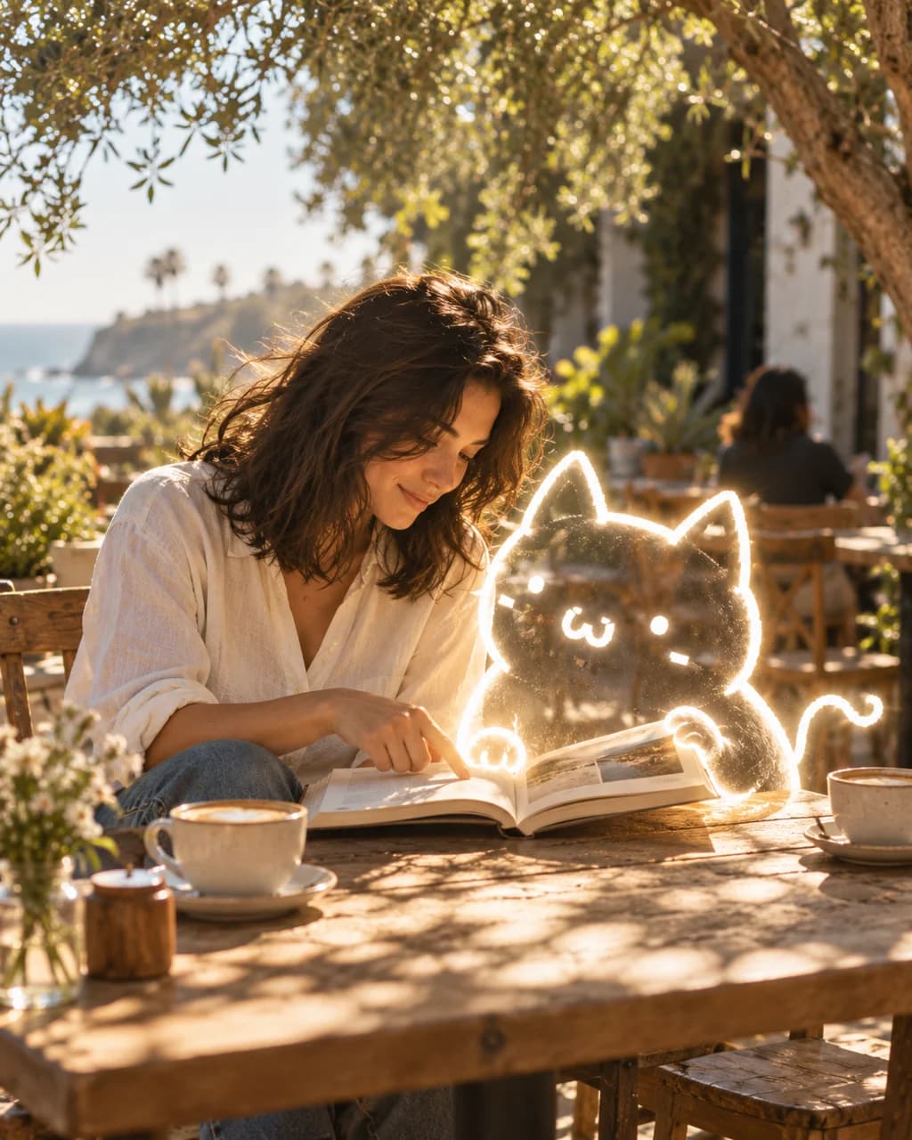 A woman and glowing Naibao read a book together at a sunny cafe