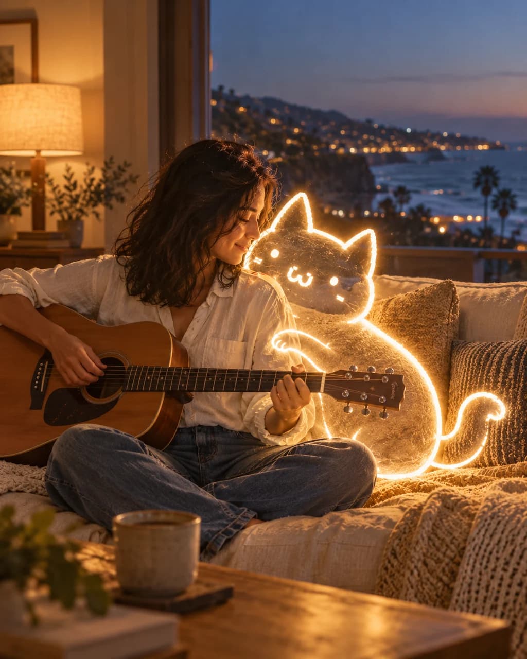Glowing Naibao cuddles beside a woman playing guitar on a cozy sofa