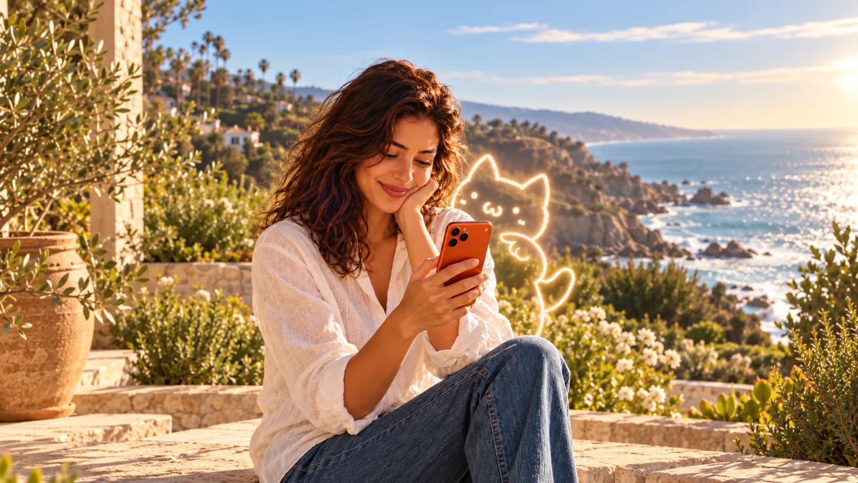 A woman smiling at an orange phone while glowing-outline Naibao stands behind her, smiling and pointing toward it.